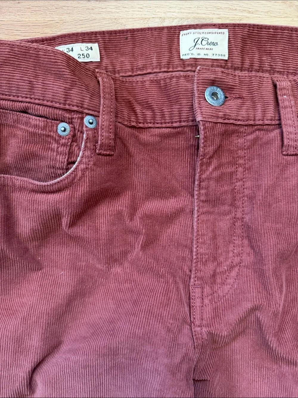 J. Crew Men's Style 250 Corduroy Pants in Rust Red Waist 34 x Length 34